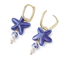 Porcelain & Shell Pearl Bead Dangle Hoop Earrings&nbsp;EJEW-JE07244