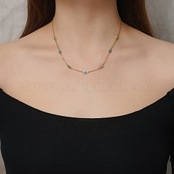 Vintage Synthetic Blue Turquoise 304 Stainless Steel Flat Round Link Chain Necklaces for Women&nbsp;QJ5506-2