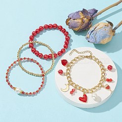 4Pcs 4 Style Glass & Shell Pearl Beaded Stretch Bracelets Set&nbsp;BJEW-TA00289