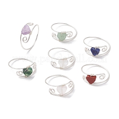 7Pcs Copper Wired Wrapped Natural Sodalite & Rose Quartz & Quartz Crystal & Indian Agate & Amethyst & Green Aventurine & Red Jasper Rings&nbsp;RJEW-JR00860