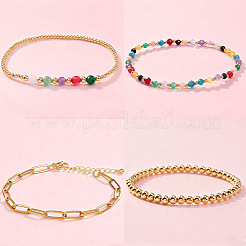 4Pcs 4 Styles 304 Paperclip Chain Bracelets & Brass Round Beads Stretch Bracelets & Natural Mixed Gemstone Round Beads Stretch Bracelets Set for Women&nbsp;AS2287-1