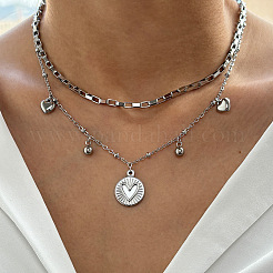 304 Stainless Steel Disc Heart Pendant Double Layer Necklaces for Women&nbsp;WG4F0FA-02