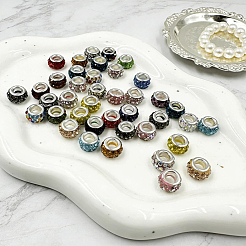 50Pcs 10 Colors Handmade Polymer Clay Rhinestone European Large Hole Beads with Silver Color Plated Brass Cores&nbsp;FPDL-PA0001-03