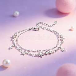 Brass Pave Clear Cubic Zirconia Star Tassel 2-Strand Bracelets for Women&nbsp;WG8024F-01