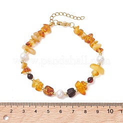 Natural Amber & Cultured Freshwater Pearl & Brass Beaded Bracelets for Women&nbsp;BJEW-JB13660