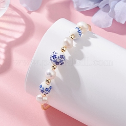 Handmade Porcelain & Natural Cultured Freshwater Pearl & Non-magnetic Synthetic Hematite Beaded Cuff Bangles for Women&nbsp;BJEW-JB14022-01