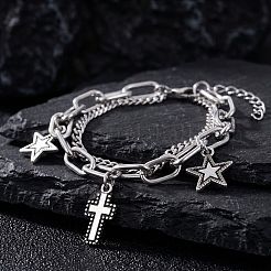 201 Stainless Steel Religion Cross and Star Charm 2-strand Bracelets for Men Women&nbsp;WGB8510-01