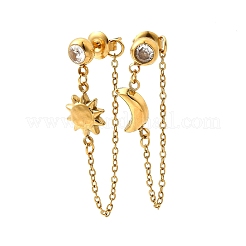 Moon & Sun 304 Stainless Steel Micro Pave Clear Cubic Zirconia Tassel Stud Earrings&nbsp;EJEW-B140-04G