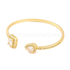 Rectangle & Teardrop Brass Pave Clear Cubic Zirconia Open Cuff Bangles with Glass for Women&nbsp;BJEW-S147-28B-G