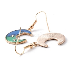 Blue Enamel Crescent Moon with Star Dangle Earrings&nbsp;EJEW-WH0017-07B