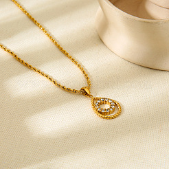 304 Stainless Steel Micro Pave Clear Cubic Zirconia Teardrop with Ring Pendant Necklaces for Women&nbsp;WGE593C-01