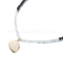 Natural Aquamarine & Lava Rock Beaded Necklace with Brass Charm&nbsp;NJEW-JN03997