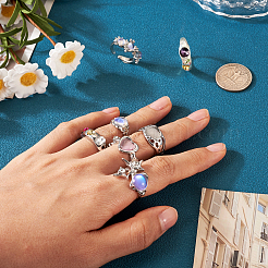 7Pcs 7 Style Rhinestone Heart & Star & Half Round Open Cuff Rings Set with Cat Eye Beaded&nbsp;RJEW-TA0001-03