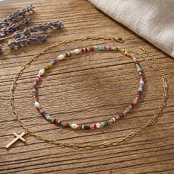 Adjustable Stainless Steel Cross Pendant Faux Pearl and Glass Beaded Double layered Necklaces for Women&nbsp;KF1328