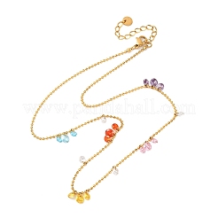 304 Stainless Steel Ball Chain Colorful Cubic Zirconia Flat Round Tassel Necklaces for Women&nbsp;LS-NJEW-A051-03G-01