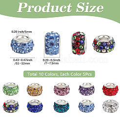 50Pcs 10 Colors Handmade Polymer Clay Rhinestone European Large Hole Beads with Silver Color Plated Brass Cores&nbsp;FPDL-PA0001-03
