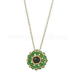Dyed Natural Green Tiger Eye & Glass Seed Beaded Flat Round Pendant 304 Stainless Steel Cable Chain Necklaces&nbsp;NJEW-MZ00129-05