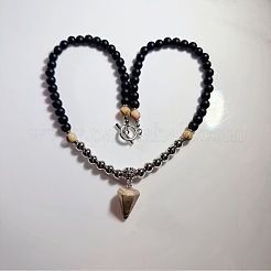 European 8mm Black Glass Beaded Natural Picture Jasper Pyramid Pendant Necklaces with Alloy OT Clasps for Men&nbsp;WW6368-2