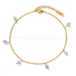 Natural Blue Stone Round Tassel 304 Stainless Steel Chain Anklets for Women&nbsp;FS-WG778EB-01