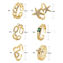 6Pcs 6 Styles Adjustable Brass Micro Pave Clear Cubic Zirconia Cuff Rings&nbsp;RJEW-LS0001-19G