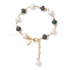Rondelle Natural Ruby in Zoisite & Cultured Freshwater Pearl Beaded Link Bracelets for Women&nbsp;BJEW-JB12809-02