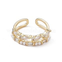 Clear Cubic Zirconia Horse Eye Open Cuff Ring with Plastic Pearl Beaded&nbsp;RJEW-G276-12G