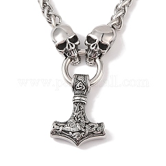 304 Stainless Steel Skull Wheat Chain Viking Mjolnir Thor Hammer Pendant Necklaces for Men, Antique Silver, 24.25 inch(61.6cm)