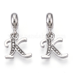 Platinum Rack Plating Alloy Rhinestone European Dangle Charms, Large Hole Pendants, Letter, Cadmium Free & Lead Free, Letter.K, 23~27mm, Hole: 4.5mm, Pendants: 13~16.5x6~14x2mm, hole: 2mm
