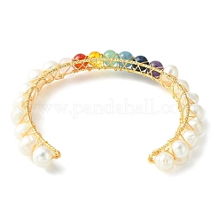 Natural Pearl Bead & Mixed Gemstone Beads Cuff Bangles for Women Girl Gift&nbsp;BJEW-JB06826-03
