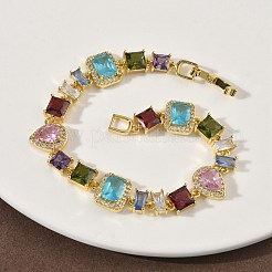 Brass Micro Pave Colorful Cubic Zirconia Rectangle & Square & Teardrop Link Chain Bracelets for Women&nbsp;BJEW-G764-07G