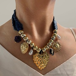 316L Surgical Stainless Steel & Resin & Plastic Pearl Heart Pendant Denim Cloth Bib Necklaces for Women&nbsp;WGD44EE-01