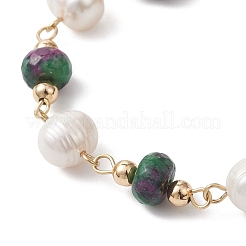 Rondelle Natural Ruby in Zoisite & Cultured Freshwater Pearl Beaded Link Bracelets for Women&nbsp;BJEW-JB12809-02
