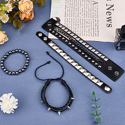 4Pcs 4 Styles Punk Style Hematite Round Beaded Stretch Bracelets & Rivets Bracelets  with Alloy Braided Bead Bracelets & Imitation Leather Bangles for Men Women&nbsp;BJEW-WH20002-09B