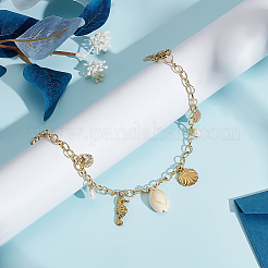 Alloy & 304 Stainless Steel & Natural Freshwater Pearl & Natural Cowrie Shell Sea Horse Charm Brass Cable Chain Bag Decorative Chains&nbsp;HJEW-ME00053