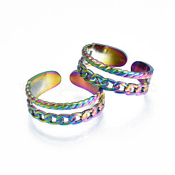 Rainbow Color 304 Stainless Steel Curb Chain Shape Cuff Ring&nbsp;RJEW-N038-037M