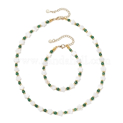 Flower Natural Freshwater Shell & Round Dyed Natural White Jade Beaded Bracelets & Necklaces Sets&nbsp;SJEW-JS01370
