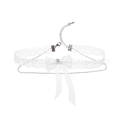Alloy with Plastic Pearl Lace Bowknot Double Layer Choker Necklaces for Women&nbsp;FS-WG34BC4-01