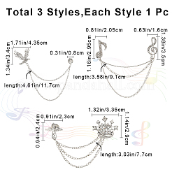 3Pcs 3 Style Crown & Eagle & Music Note Crystal Rhinestone Hanging Chain Brooches&nbsp;JEWB-GF0001-34
