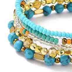 5Pcs 5 Style Synthetic Turquoise(Dyed) & Hematite & Glass Sead Beads Stretch Bracelets Set&nbsp;BJEW-JB07670-03