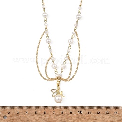Natural Shell Brass Fairy Pendant Brass & White Round Shell Pearl Beaded Chain Necklaces for Women&nbsp;NJEW-JN06405