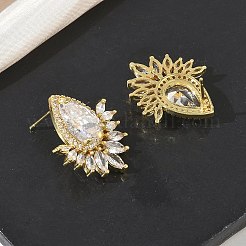 Brass & Clear Teardrop Cubic Zirconia Stud Earrings with Marquise Accents for Women&nbsp;KK-CBA36A2-12G