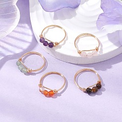 Copper Wire Wrapped Natural Gemstone Round Beaded Finger Rings for Women&nbsp;RJEW-JR00736