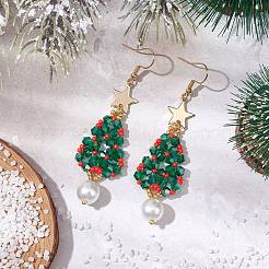 Glass Seed & Glass Pearl Beads Tree Dangle Earrings&nbsp;EJEW-MZ00276-02