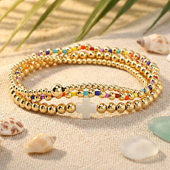 3Pcs 3 Styles Round Brass & Glass Seed Beads Stretch Bracelets&nbsp;WL3329-1