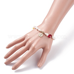 Natural Pearl & Millefiori Glass Beaded Stretch Bracelet with Heart and Coin Charm for Women&nbsp;BJEW-TA00060