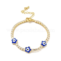 Flower with Evil Eye Enamel Link Bracelet with Clear Cubic Zirconia Tennis Chains&nbsp;BJEW-G650-03G
