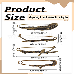4Pcs 4 Styles Feather & Branch Alloy Brooch Pins&nbsp;JEWB-LP0004-84