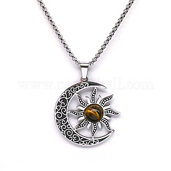 Gothic Moon Sun 201 Stainless Steel Pave Natural Tiger Eye Pendant Necklaces for Women&nbsp;FS-WG56BEB-01