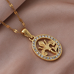 Vintage 304 Stainless Steel Crystal Rhinestone Oval with Fleur De Lis Pendant Necklaces for Women&nbsp;SP1744