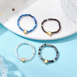 Round Natural Tiger Eye & Black Rutilated Quartz & Lapis Lazuli & Pink Opal Beads Stretch Rings&nbsp;RJEW-JR00790
